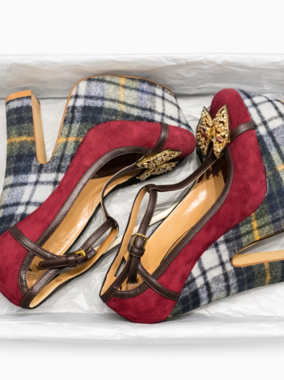 DSQUARED2 Burgundy Suede Platform Pumps with Plaid Platform